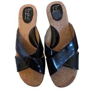 b.o.c. Born Concept Black Patent Leather Cork Wedge Sandals Slides Womens 9 40.5